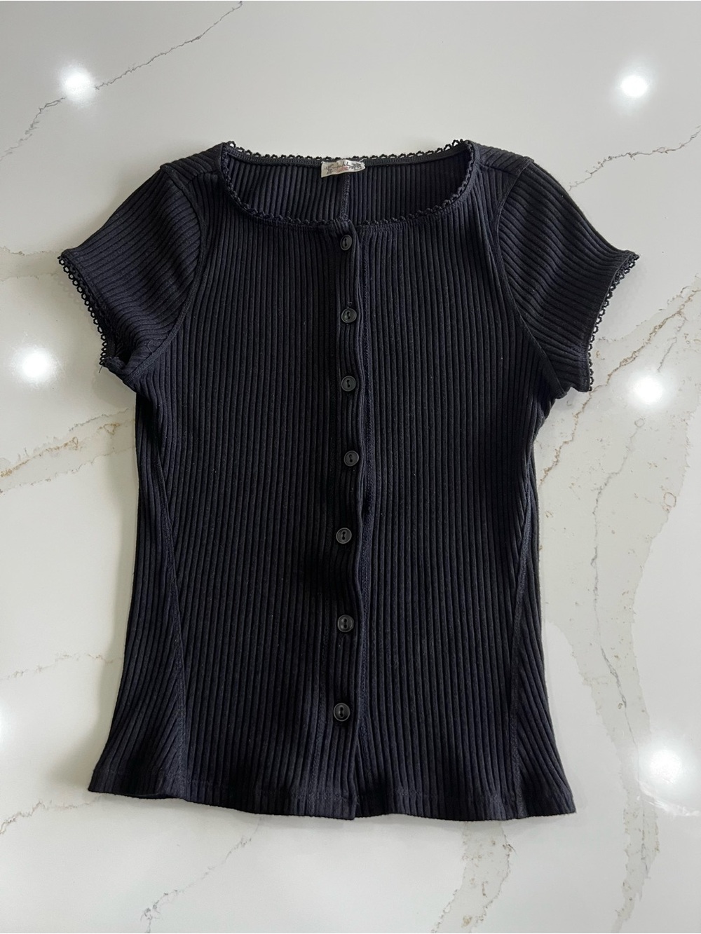 Free People Black Ribbed Button-Down Short Sleeve Top